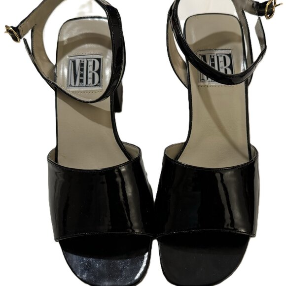 Vintage Mixed Blues Black Patent Leather Low Block Heel Sandals - Picture 8 of 10